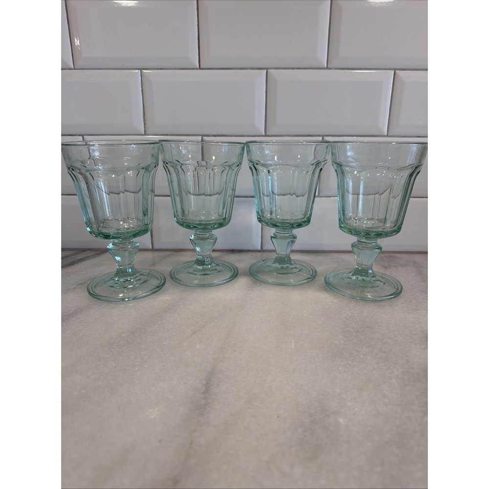 Set Of 4 VintageBormioli Rocco Italy Wine Water Panel Green Glass Goblets GW005